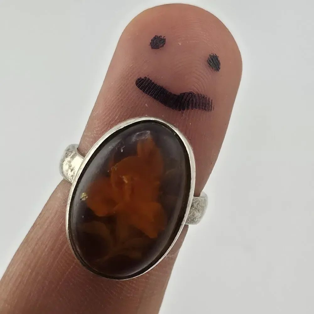 Polish Baltic Amber Reverse Carved Sterling Silver Ring 925 Size 8 Vintage